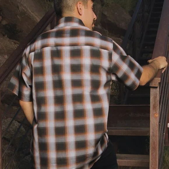 NWT Dixxon Flannel Bamboo Patina Black Brown Plaid Short Sleeve Pearl Snap Shirt - Picture 5 of 9